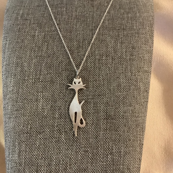 Sterling Silver 925 Signed Middle Century Modern Style Cat Pendant Necklace 18” - Picture 2 of 5
